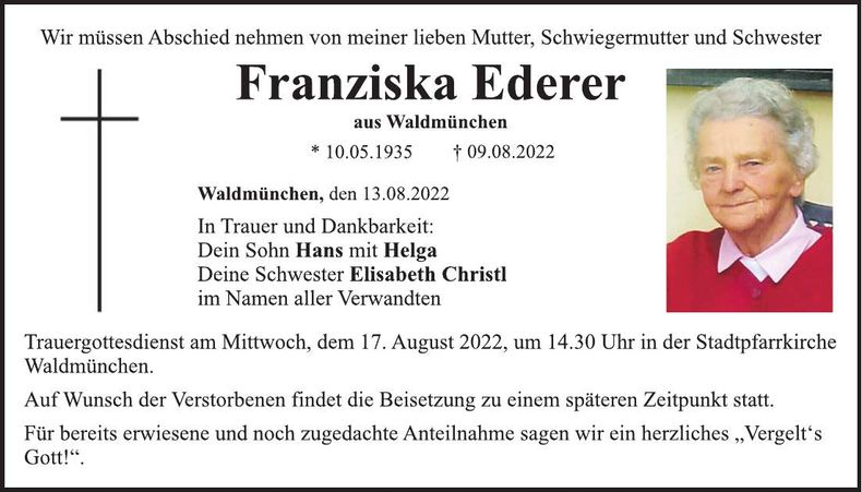 Traueranzeige Franziska Ederer