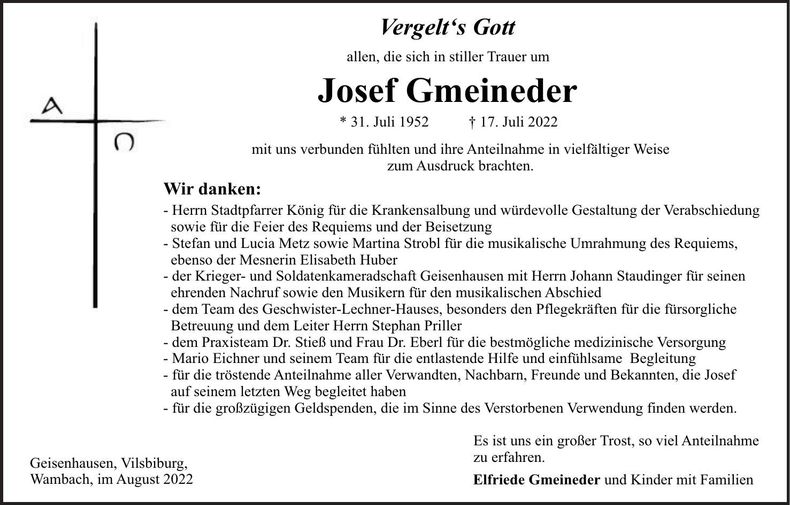 Traueranzeige Josef Gmeineder