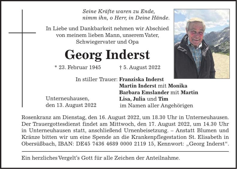 Traueranzeige Georg Inderst