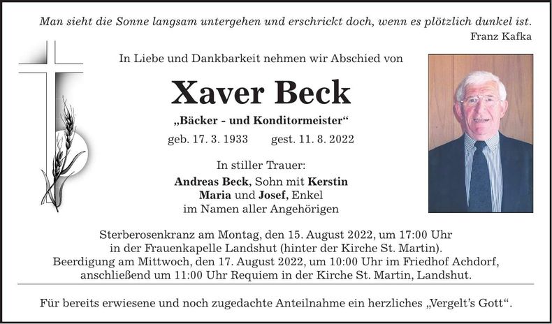 Traueranzeige Xaver Beck