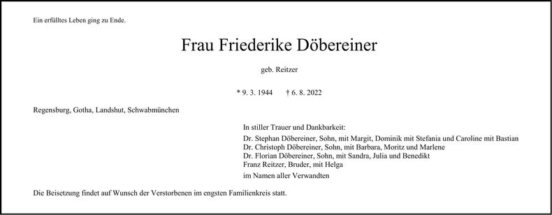 Traueranzeige Friederike Dobereiner