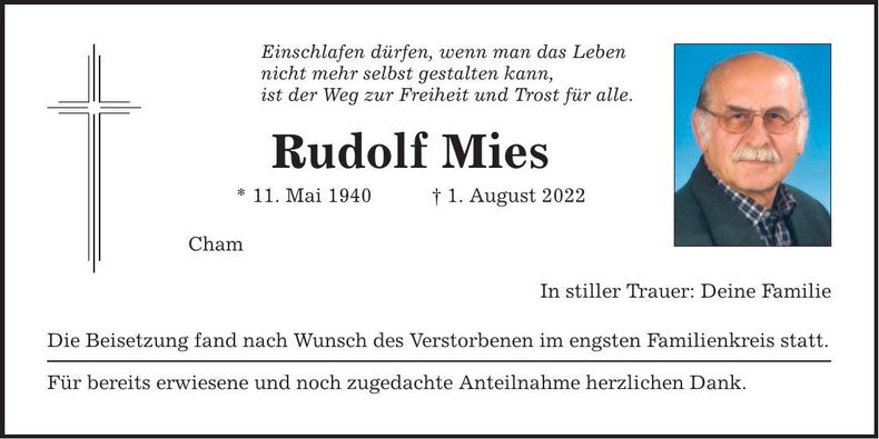 Traueranzeige Rudolf Mies