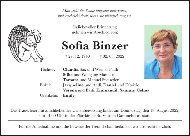 Traueranzeige Sofia Binzer