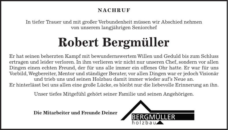 Traueranzeige Robert Bergmüller