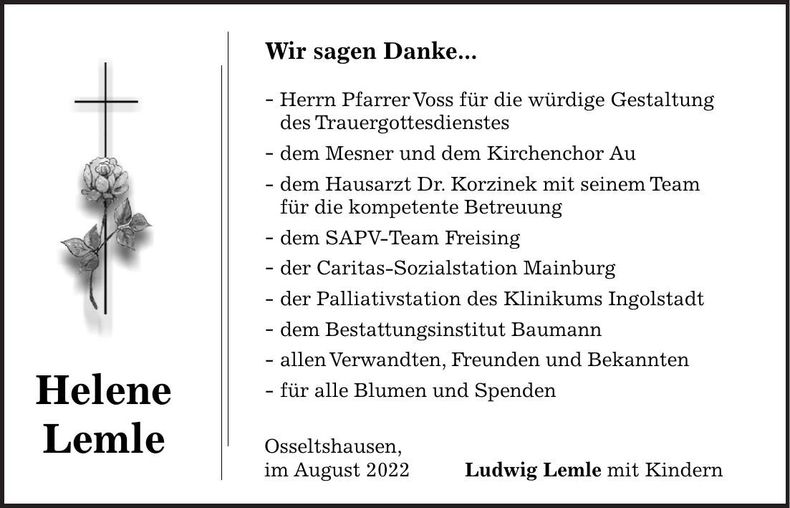 Traueranzeige Helene Lemle