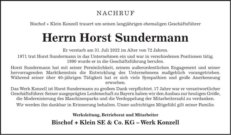 Traueranzeige Horst Sundermann