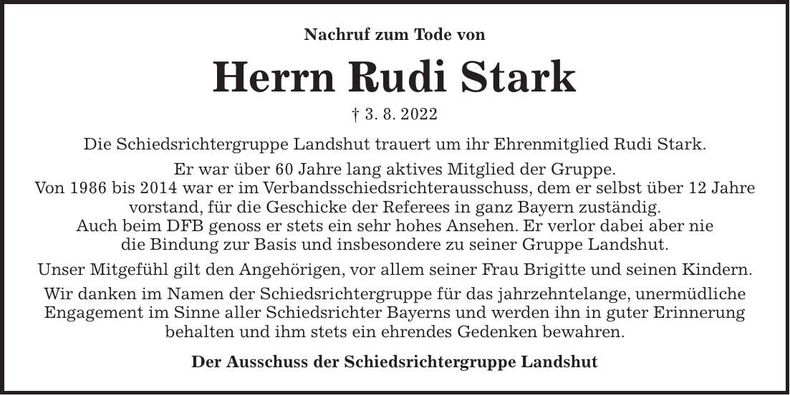 Traueranzeige Rudi Stark