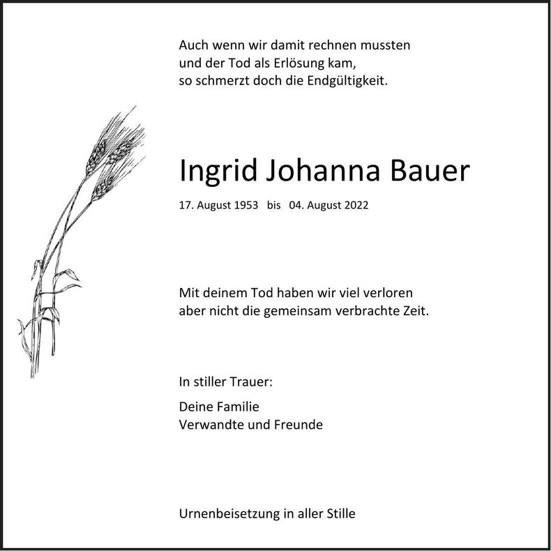 Traueranzeige Ingrid Johanna Bauer