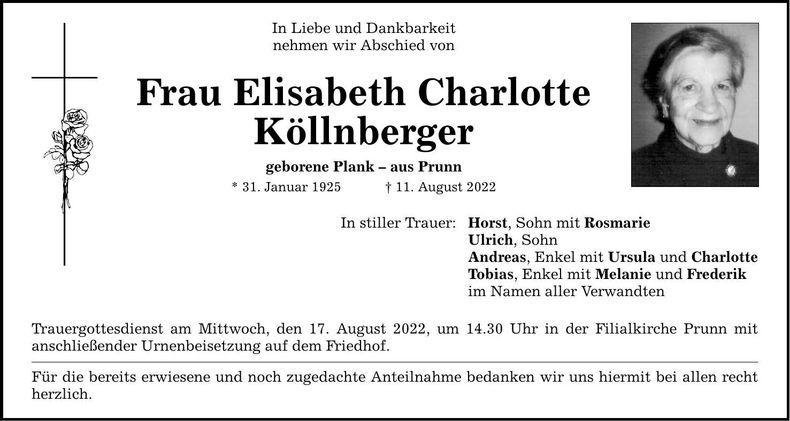 Traueranzeige Elisabeth Charlotte Köllnberger