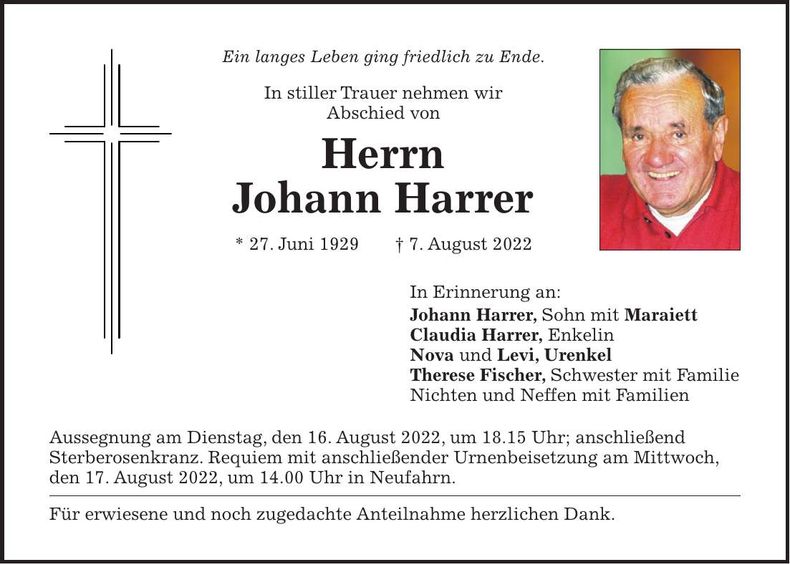 Traueranzeige Johann Harrer