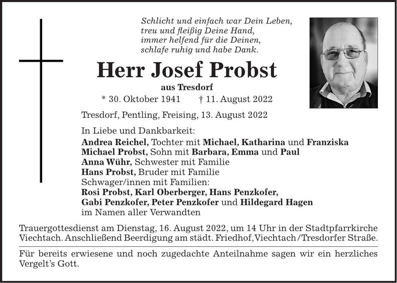 Traueranzeige Josef Probst