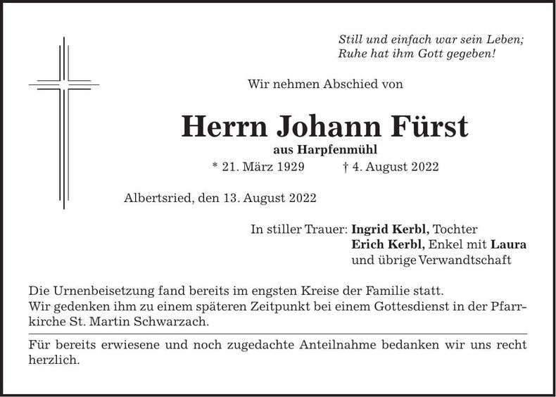 Traueranzeige Johann Fürst