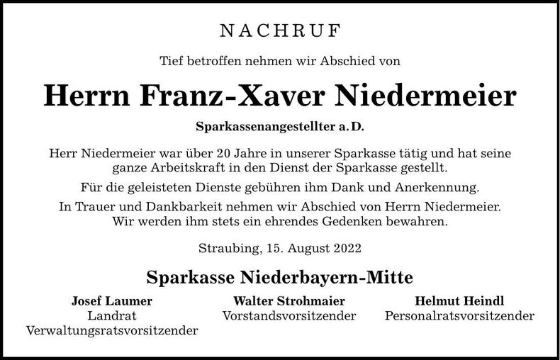 Traueranzeige Xaver Niedermeier