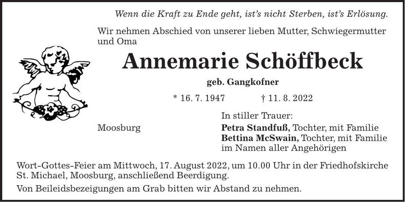 Traueranzeige Annemarie Schöffbeck