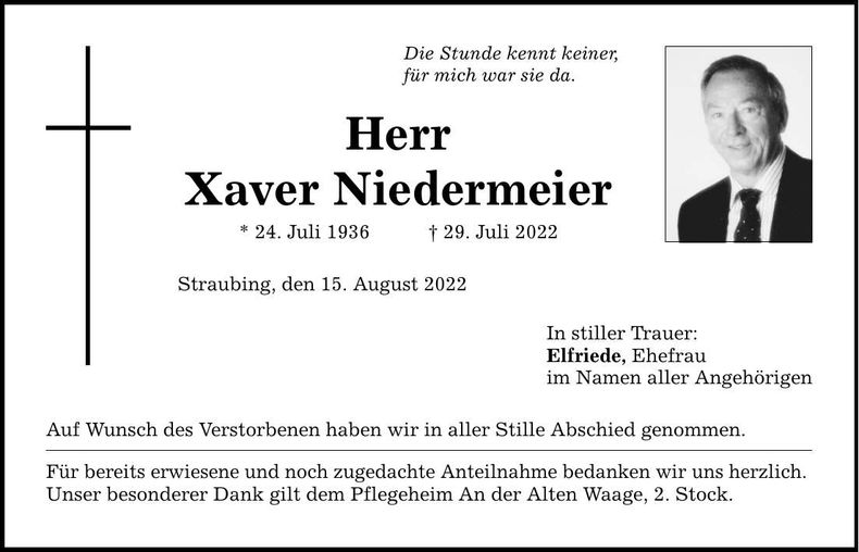 Traueranzeige Xaver Niedermeier
