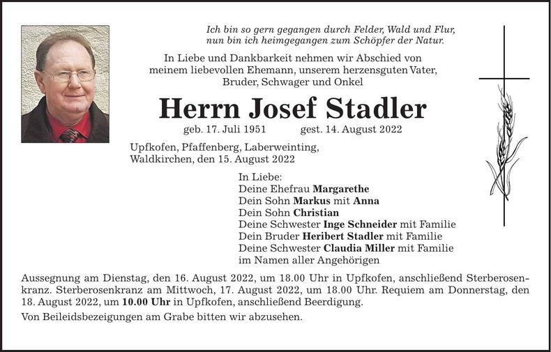 Traueranzeige Josef Stadler