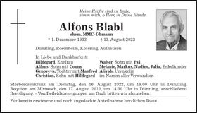 Traueranzeige Alfons Blabl