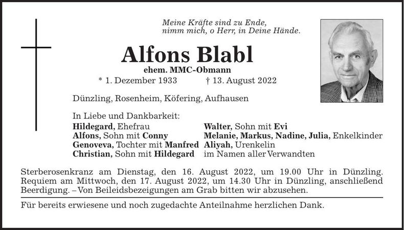 Traueranzeige Alfons Blabl