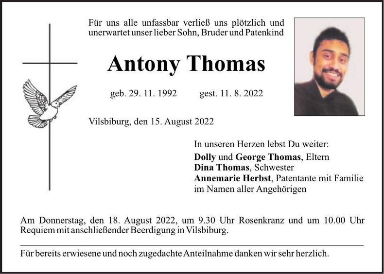 Traueranzeige Antony Thomas