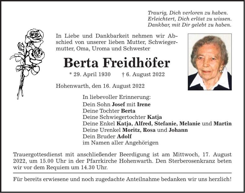 Traueranzeige Berta Freidhöfer