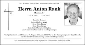 Traueranzeige Anton Rank