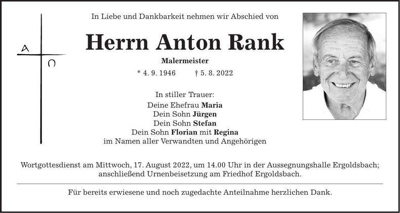 Traueranzeige Anton Rank