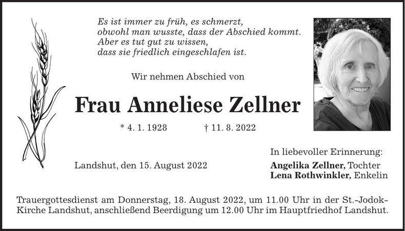 Traueranzeige Anneliese Zellner