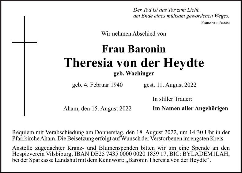 Traueranzeige Theresia von der Heydte