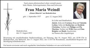Traueranzeige Maria Weindl