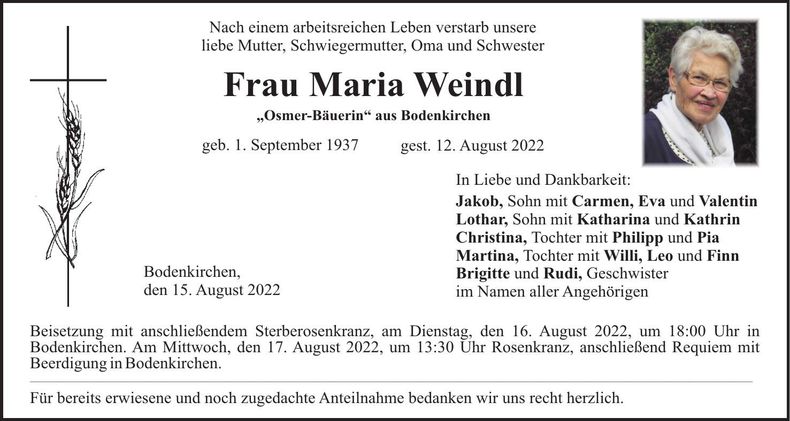 Traueranzeige Maria Weindl