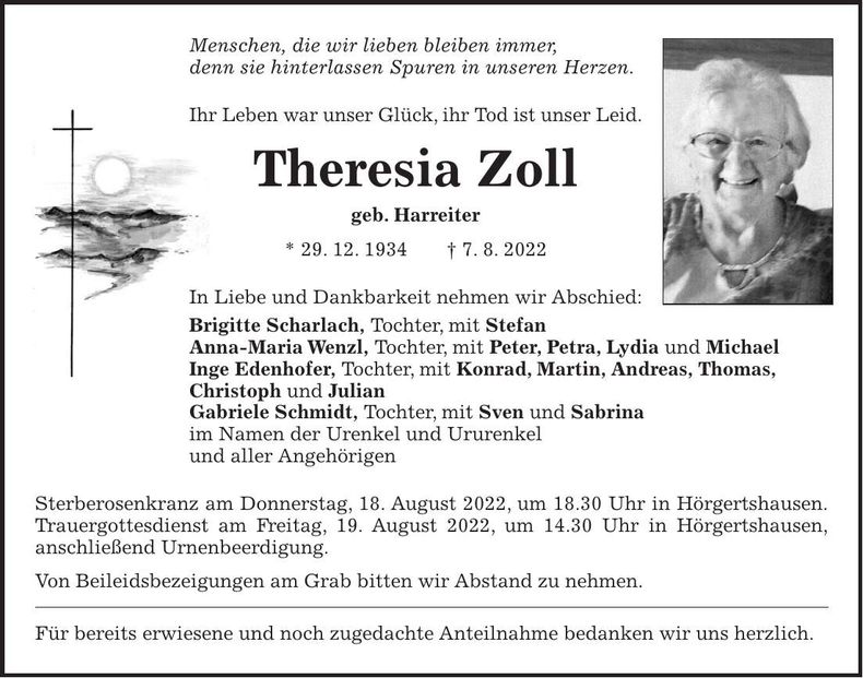 Traueranzeige Theresia Zoll