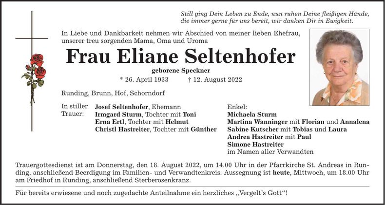 Traueranzeige Eliane Seltenhofer