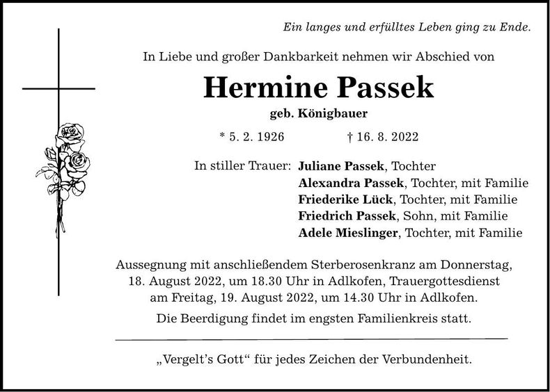 Traueranzeige Hermine Passek