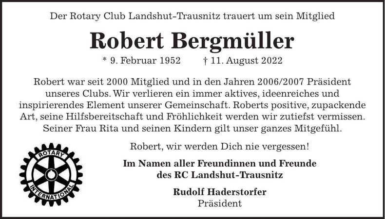 Traueranzeige Robert Bergmüller