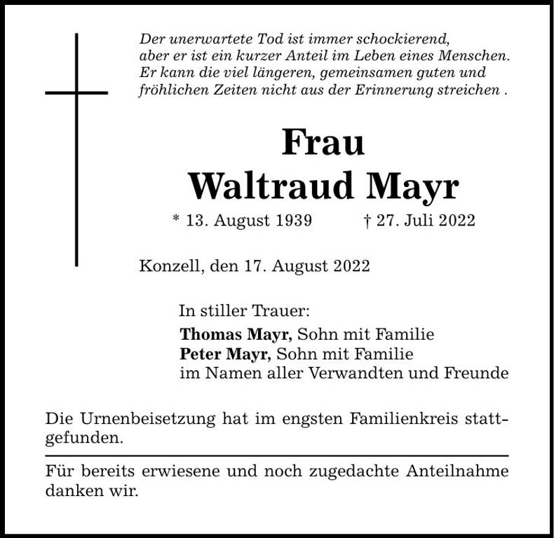 Traueranzeige Waltraud Mayr