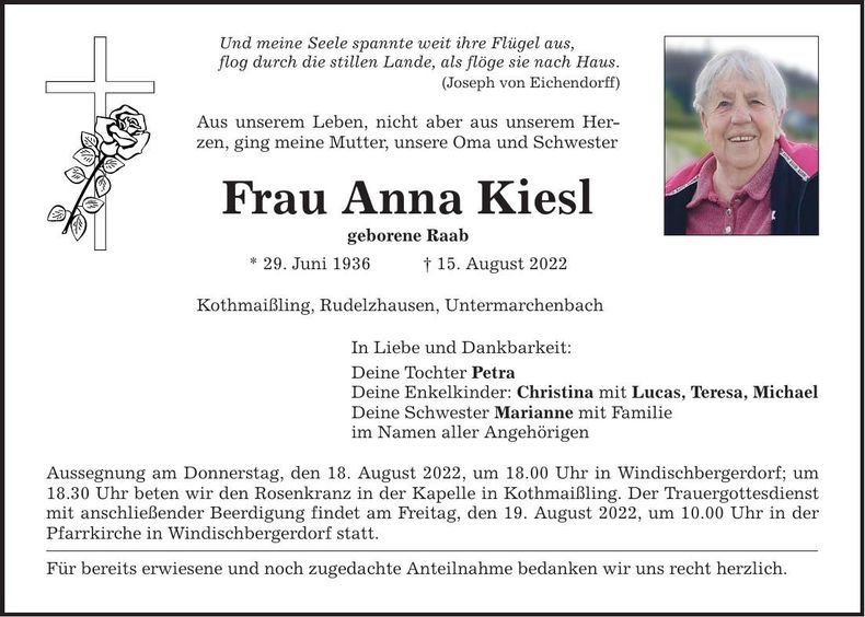 Traueranzeige Anna Kiesl