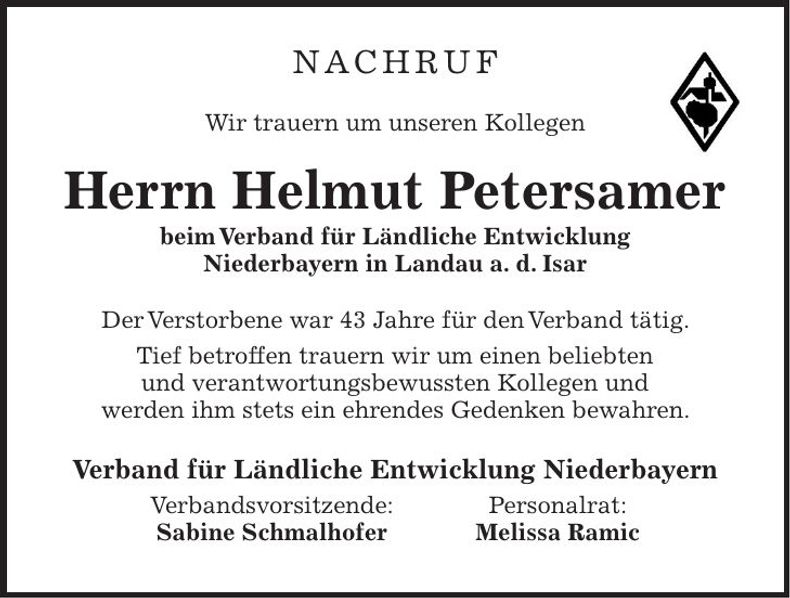 Traueranzeige Helmut Petersamer
