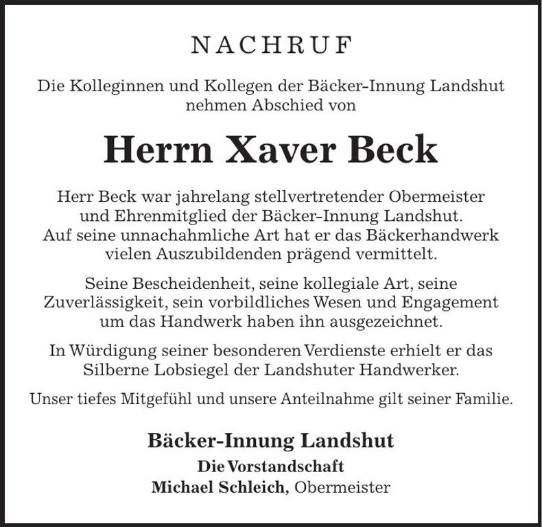 Traueranzeige Xaver Beck