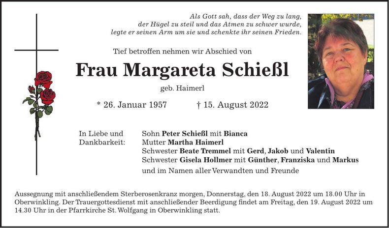 Traueranzeige Margareta Schießl