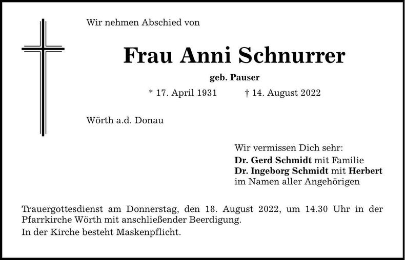 Traueranzeige Anni Schnurrer