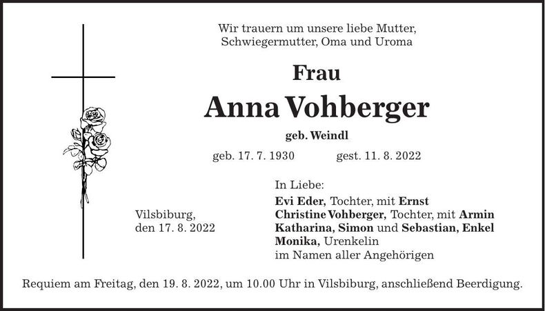 Traueranzeige Anna Vohberger