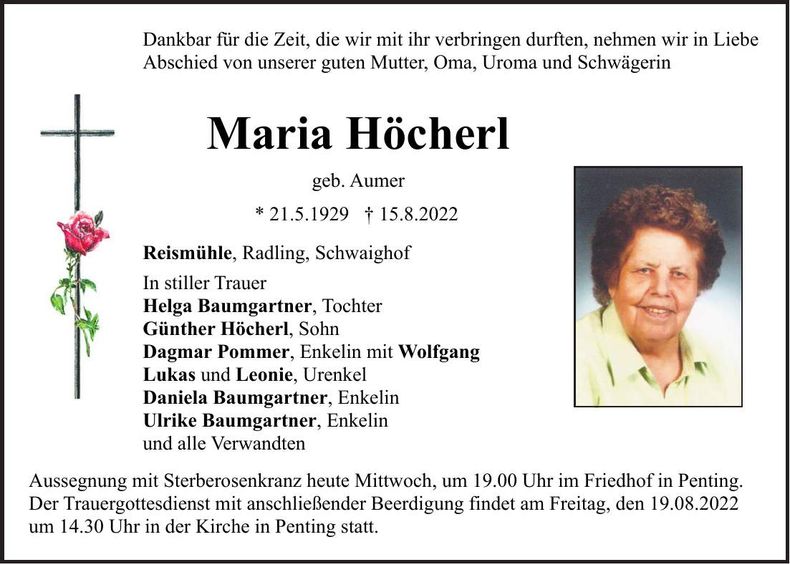 Traueranzeige Maria Höcherl