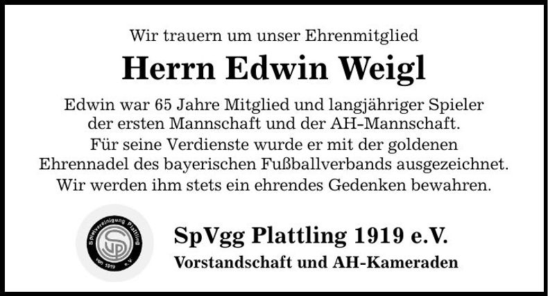 Traueranzeige Edwin Weigl