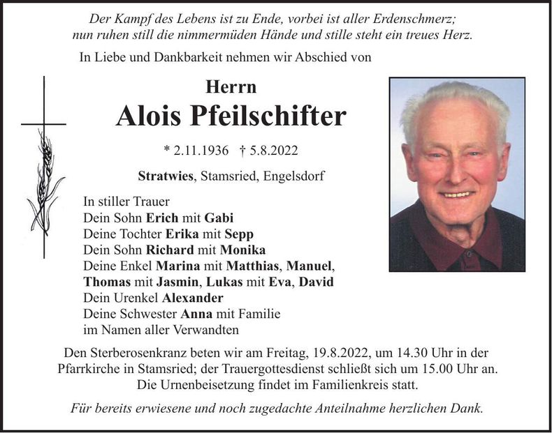 Traueranzeige Alois Pfeilschifter