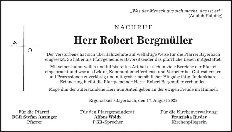 Traueranzeige Robert Bergmüller