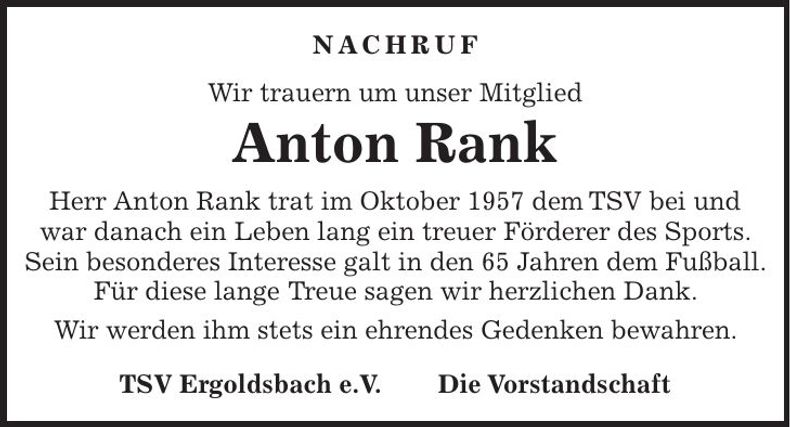 Traueranzeige Anton Rank