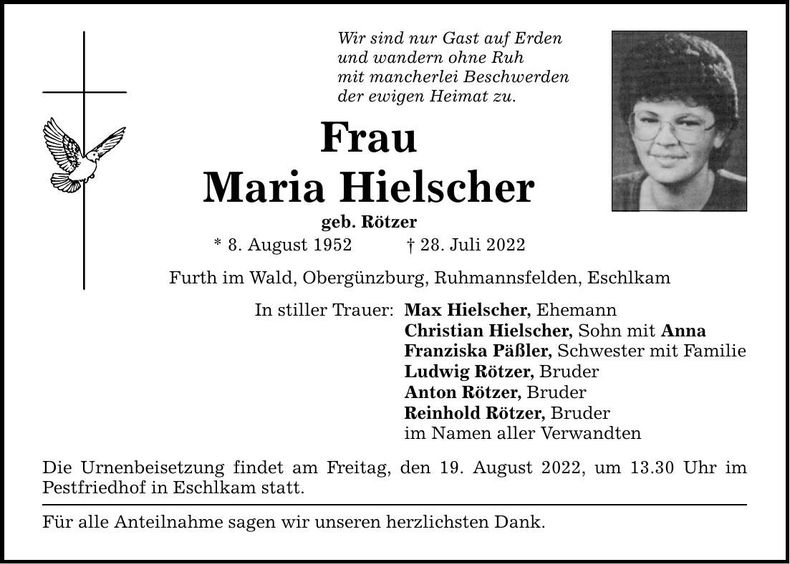 Traueranzeige Maria Hielscher