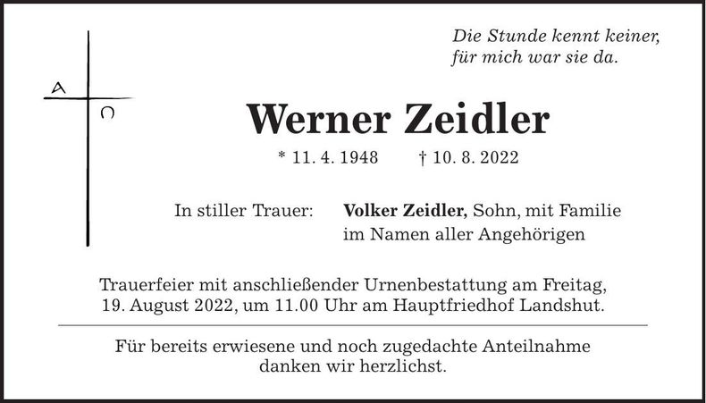 Traueranzeige Werner Zeidler