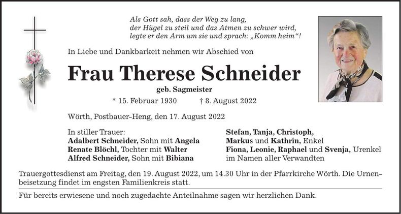 Traueranzeige Therese Schneider