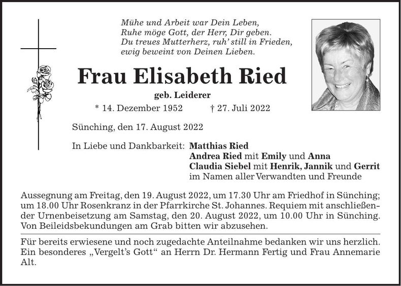 Traueranzeige Elisabeth Ried